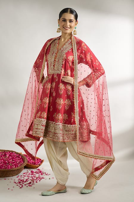 Buy_Gopi Vaid_Red , Silk, Satin, Net Floral Print Short Anarkali Dhoti Pant Set _Online_at_Aza_Fashions