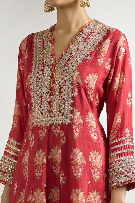 Shop_Gopi Vaid_Red , Silk, Satin, Net Floral Print Short Anarkali Dhoti Pant Set _Online_at_Aza_Fashions