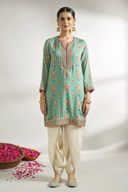 Gopi Vaid Green Cotton, Silk, Net Sequins, Lace, Floral Print Short Kurta Dhoti Pant Set Online at Aza Fashions Gopi Vaid_Green Cotton, Silk, Net Sequins, Lace, Floral Print Short Kurta Dhoti Pant Set _Online_at_Aza_Fashions