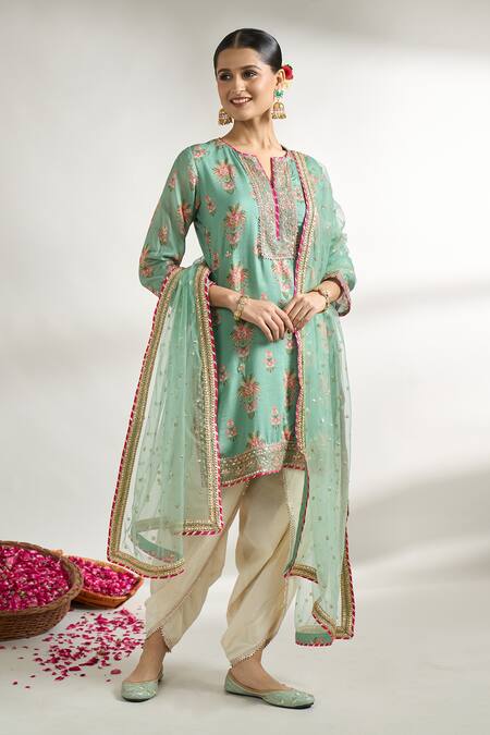 Buy Gopi Vaid Green Cotton, Silk, Net Sequins, Lace, Floral Print Short Kurta Dhoti Pant Set Online at Aza Fashions Buy_Gopi Vaid_Green Cotton, Silk, Net Sequins, Lace, Floral Print Short Kurta Dhoti Pant Set _Online_at_Aza_Fashions