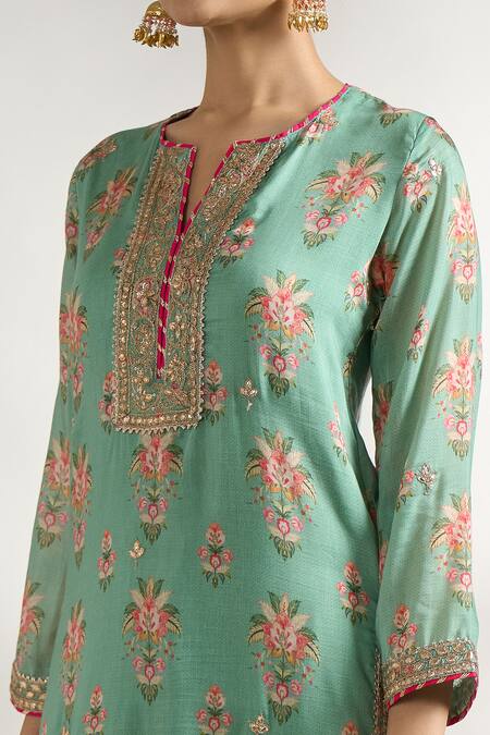 Shop Gopi Vaid Green Cotton, Silk, Net Sequins, Lace, Floral Print Short Kurta Dhoti Pant Set Online at Aza Fashions Shop_Gopi Vaid_Green Cotton, Silk, Net Sequins, Lace, Floral Print Short Kurta Dhoti Pant Set _Online_at_Aza_Fashions