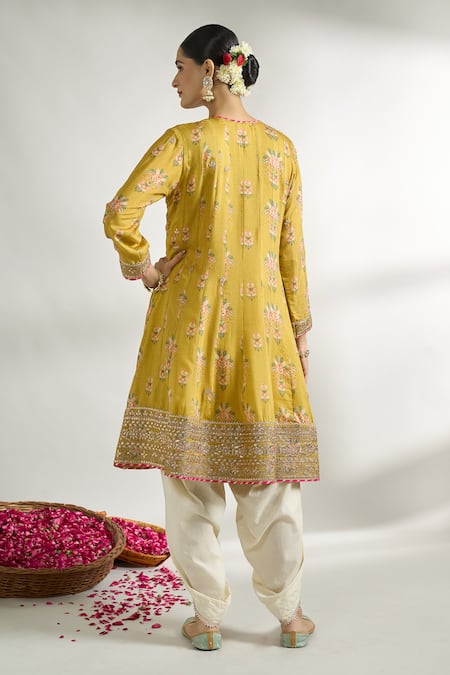 Shop Gopi Vaid Yellow , Silk, Satin, Flower Print Short Anarkali Dhoti Pant Set at Aza Fashions Shop_Gopi Vaid_Yellow , Silk, Satin, Flower Print Short Anarkali Dhoti Pant Set _at_Aza_Fashions