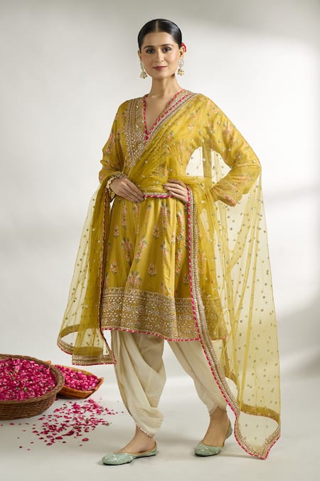 Buy Gopi Vaid Yellow , Silk, Satin, Flower Print Short Anarkali Dhoti Pant Set Online at Aza Fashions Buy_Gopi Vaid_Yellow , Silk, Satin, Flower Print Short Anarkali Dhoti Pant Set _Online_at_Aza_Fashions