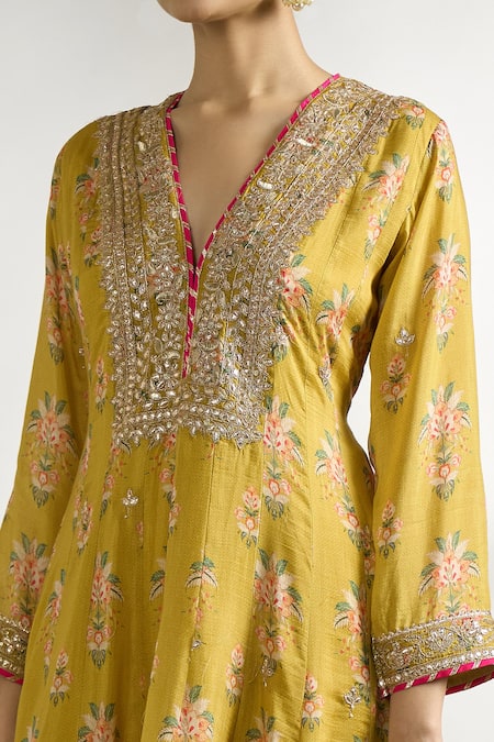 Shop Gopi Vaid Yellow , Silk, Satin, Flower Print Short Anarkali Dhoti Pant Set Online at Aza Fashions Shop_Gopi Vaid_Yellow , Silk, Satin, Flower Print Short Anarkali Dhoti Pant Set _Online_at_Aza_Fashions