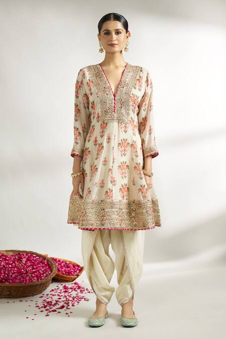 Gopi Vaid_Ivory , Silk, Satin, Net Printed Short Anarkali Dhoti Pant Set _Online_at_Aza_Fashions