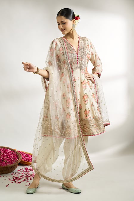 Buy_Gopi Vaid_Ivory , Silk, Satin, Net Printed Short Anarkali Dhoti Pant Set _Online_at_Aza_Fashions