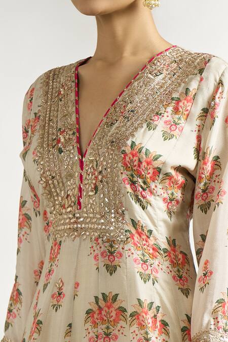 Shop_Gopi Vaid_Ivory , Silk, Satin, Net Printed Short Anarkali Dhoti Pant Set _Online_at_Aza_Fashions