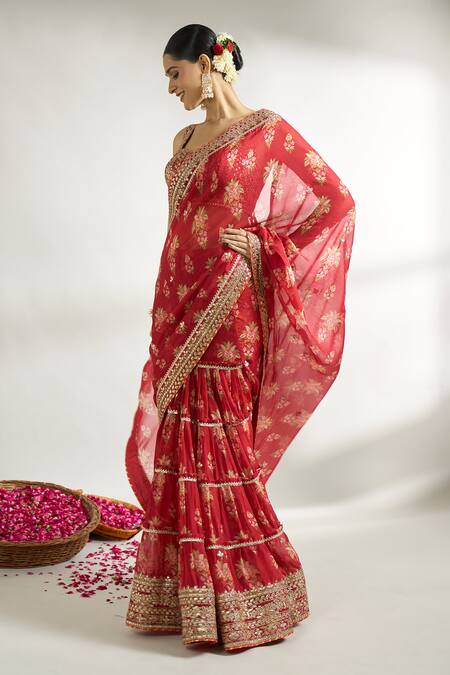 Gopi Vaid_Red Cotton, Silk Embroidery Layered Pre-draped Printed Saree With Blouse _Online_at_Aza_Fashions
