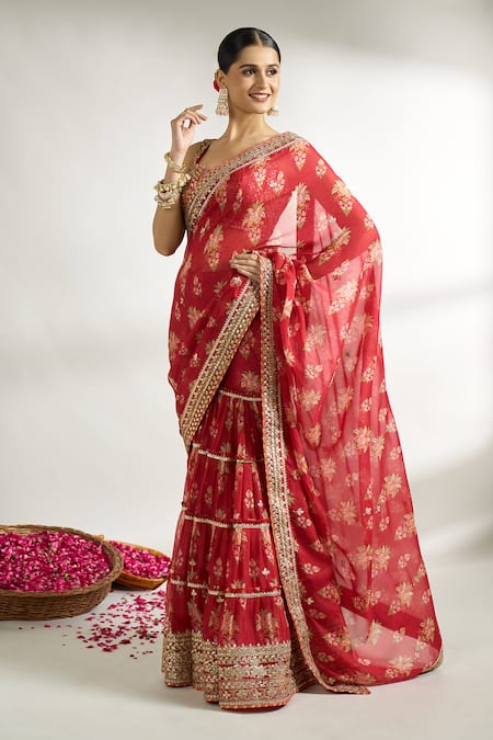 Buy_Gopi Vaid_Red Cotton, Silk Embroidery Layered Pre-draped Printed Saree With Blouse _Online_at_Aza_Fashions