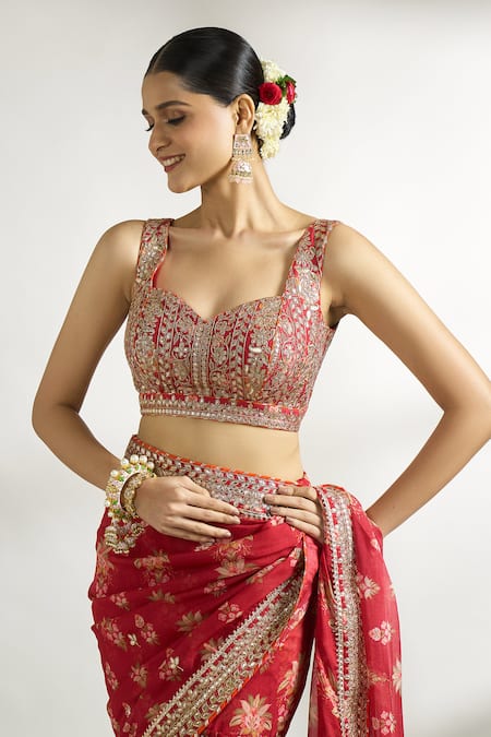 Shop_Gopi Vaid_Red Cotton, Silk Embroidery Layered Pre-draped Printed Saree With Blouse _Online_at_Aza_Fashions