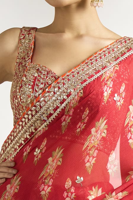Gopi Vaid_Red Cotton, Silk Embroidery Layered Pre-draped Printed Saree With Blouse _at_Aza_Fashions