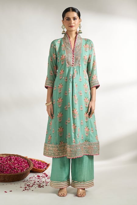 Gopi Vaid_Green Cotton, Silk, Linen, Satin, Net Floral Pattern Kurta Palazzo Set _Online_at_Aza_Fashions