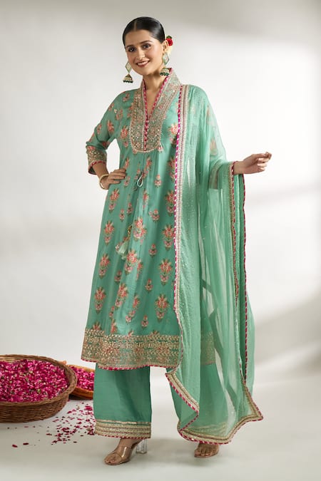 Buy_Gopi Vaid_Green Cotton, Silk, Linen, Satin, Net Floral Pattern Kurta Palazzo Set _Online_at_Aza_Fashions