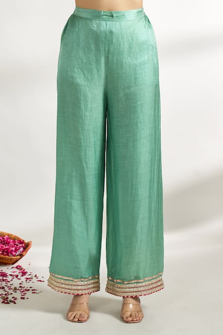 Shop_Gopi Vaid_Green Cotton, Silk, Linen, Satin, Net Floral Pattern Kurta Palazzo Set _Online_at_Aza_Fashions