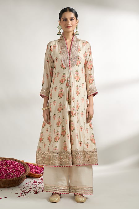 Gopi Vaid_Ivory Cotton, Silk, Linen, Satin, Net Flower Pattern Kurta Palazzo Set _Online_at_Aza_Fashions