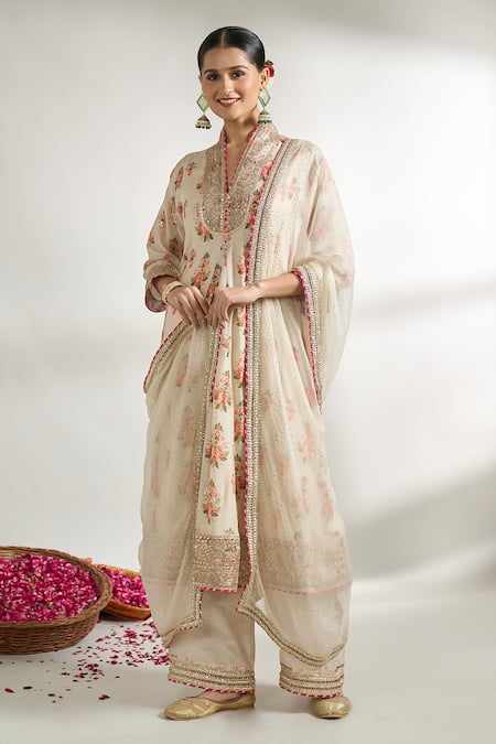 Buy_Gopi Vaid_Ivory Cotton, Silk, Linen, Satin, Net Flower Pattern Kurta Palazzo Set _Online_at_Aza_Fashions