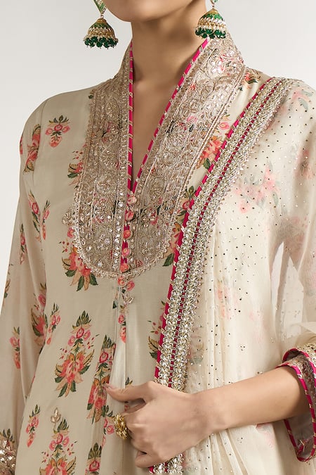 Shop_Gopi Vaid_Ivory Cotton, Silk, Linen, Satin, Net Flower Pattern Kurta Palazzo Set _Online_at_Aza_Fashions