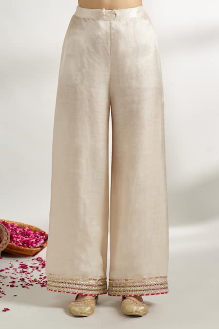 Gopi Vaid_Ivory Cotton, Silk, Linen, Satin, Net Flower Pattern Kurta Palazzo Set _at_Aza_Fashions