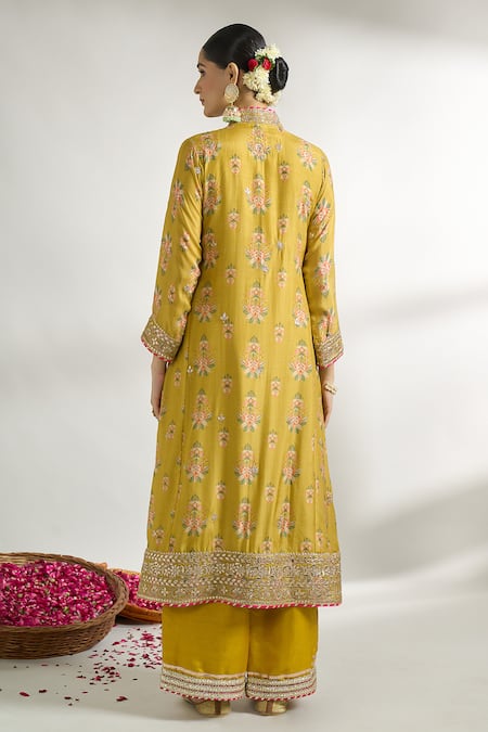 Shop Gopi Vaid Yellow Cotton, Silk, Linen, Net, Satin Floret Pattern Kurta Palazzo Set at Aza Fashions Shop_Gopi Vaid_Yellow Cotton, Silk, Linen, Net, Satin Floret Pattern Kurta Palazzo Set _at_Aza_Fashions