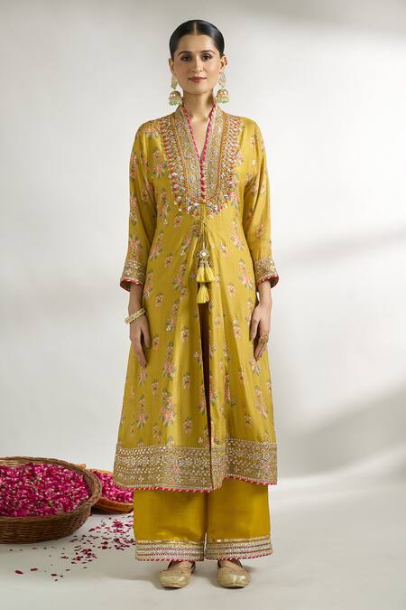 Gopi Vaid Yellow Cotton, Silk, Linen, Net, Satin Floret Pattern Kurta Palazzo Set Online at Aza Fashions Gopi Vaid_Yellow Cotton, Silk, Linen, Net, Satin Floret Pattern Kurta Palazzo Set _Online_at_Aza_Fashions