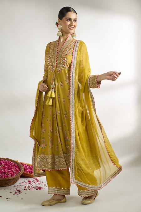 Buy Gopi Vaid Yellow Cotton, Silk, Linen, Net, Satin Floret Pattern Kurta Palazzo Set Online at Aza Fashions Buy_Gopi Vaid_Yellow Cotton, Silk, Linen, Net, Satin Floret Pattern Kurta Palazzo Set _Online_at_Aza_Fashions