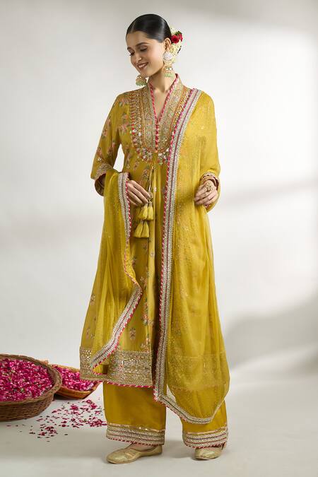 Shop Gopi Vaid Yellow Cotton, Silk, Linen, Net, Satin Floret Pattern Kurta Palazzo Set Online at Aza Fashions Shop_Gopi Vaid_Yellow Cotton, Silk, Linen, Net, Satin Floret Pattern Kurta Palazzo Set _Online_at_Aza_Fashions