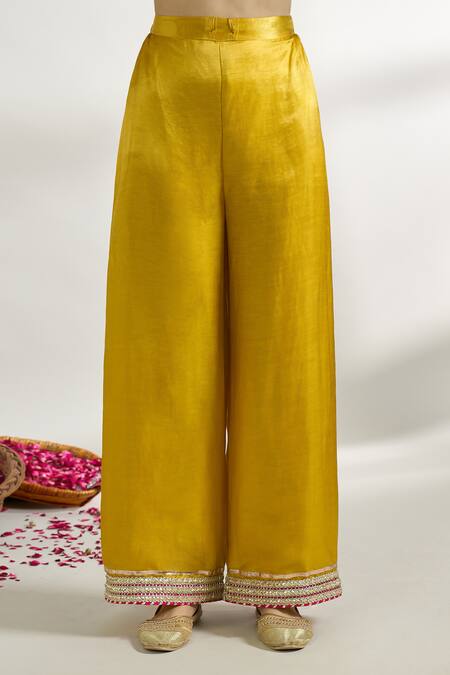 Gopi Vaid Yellow Cotton, Silk, Linen, Net, Satin Floret Pattern Kurta Palazzo Set at Aza Fashions Gopi Vaid_Yellow Cotton, Silk, Linen, Net, Satin Floret Pattern Kurta Palazzo Set _at_Aza_Fashions