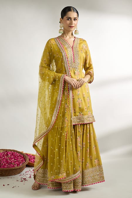 Gopi Vaid Yellow Kurta And Sharara Cotton Silk Embroidered Floral V Neck Jaal Pattern Set 