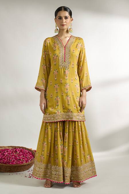 Gopi Vaid_Yellow Cotton, Silk, Net Embroidery, Floral Jaal Pattern Kurta Sharara Set _Online_at_Aza_Fashions