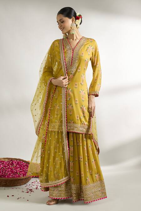 Buy_Gopi Vaid_Yellow Cotton, Silk, Net Embroidery, Floral Jaal Pattern Kurta Sharara Set _Online_at_Aza_Fashions