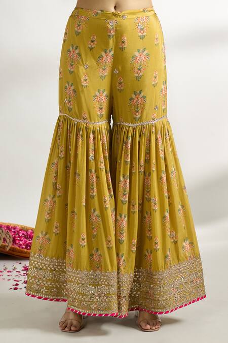 Shop_Gopi Vaid_Yellow Cotton, Silk, Net Embroidery, Floral Jaal Pattern Kurta Sharara Set _Online_at_Aza_Fashions