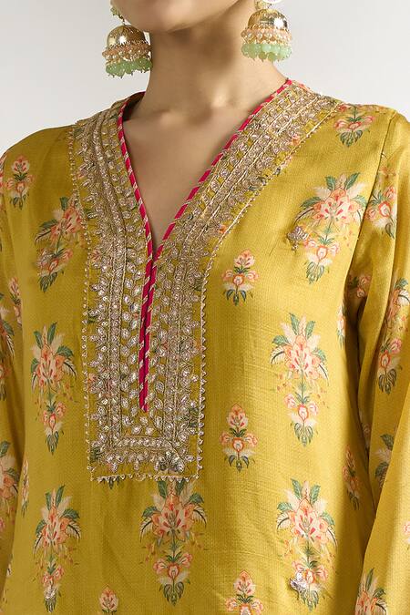 Gopi Vaid_Yellow Cotton, Silk, Net Embroidery, Floral Jaal Pattern Kurta Sharara Set _at_Aza_Fashions