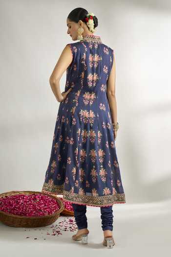Shop Gopi Vaid Blue Cotton, Silk, Net Embroidery, Sequins, Zari Floral Print Anarkali Set at Aza Fashions Shop_Gopi Vaid_Blue Cotton, Silk, Net Embroidery, Sequins, Zari Floral Print Anarkali Set _at_Aza_Fashions