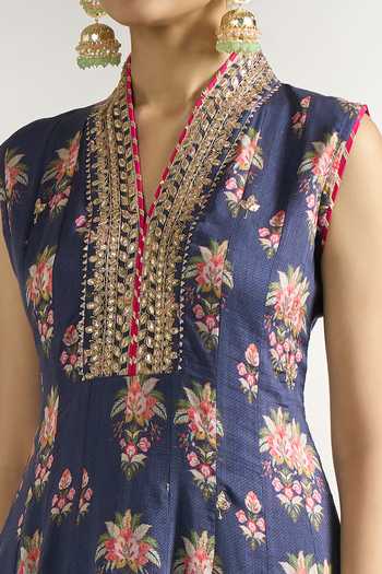 Gopi Vaid Blue Cotton, Silk, Net Embroidery, Sequins, Zari Floral Print Anarkali Set Online at Aza Fashions Gopi Vaid_Blue Cotton, Silk, Net Embroidery, Sequins, Zari Floral Print Anarkali Set _Online_at_Aza_Fashions