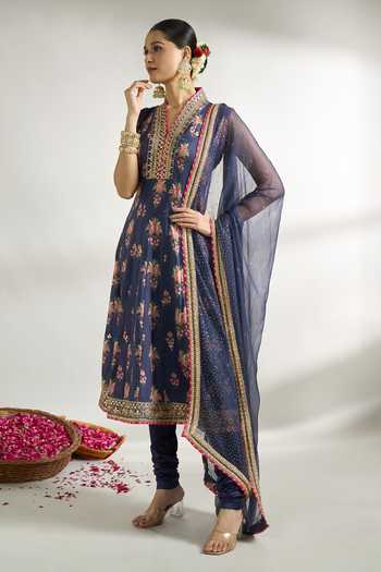 Buy Gopi Vaid Blue Cotton, Silk, Net Embroidery, Sequins, Zari Floral Print Anarkali Set Online at Aza Fashions Buy_Gopi Vaid_Blue Cotton, Silk, Net Embroidery, Sequins, Zari Floral Print Anarkali Set _Online_at_Aza_Fashions