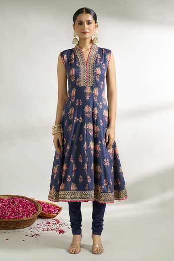 Shop Gopi Vaid Blue Cotton, Silk, Net Embroidery, Sequins, Zari Floral Print Anarkali Set Online at Aza Fashions Shop_Gopi Vaid_Blue Cotton, Silk, Net Embroidery, Sequins, Zari Floral Print Anarkali Set _Online_at_Aza_Fashions