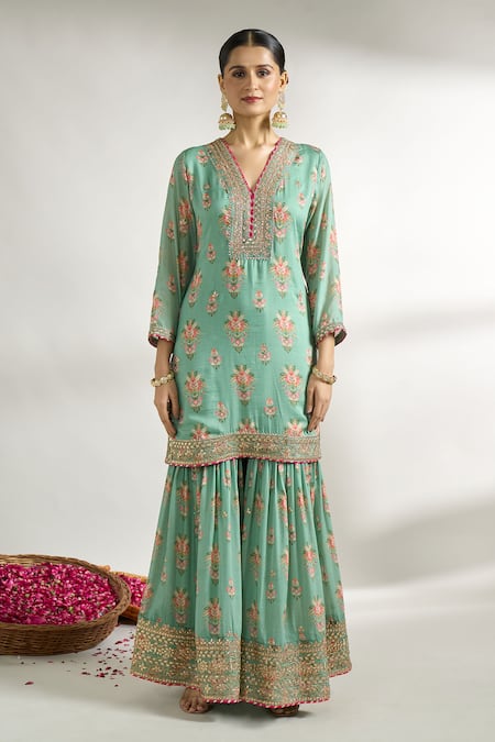 Gopi Vaid_Green Cotton, Silk, Net Embroidery, Sequins, Floral Pattern Kurta Sharara Set _Online_at_Aza_Fashions