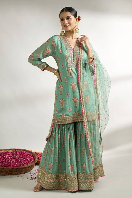 Buy_Gopi Vaid_Green Cotton, Silk, Net Embroidery, Sequins, Floral Pattern Kurta Sharara Set _Online_at_Aza_Fashions