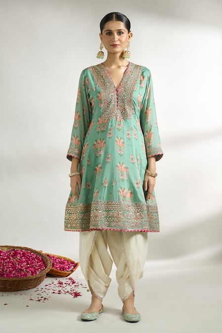 Gopi Vaid_Green , Silk, Satin, Net Flower Print Short Anarkali Dhoti Pant Set _Online_at_Aza_Fashions