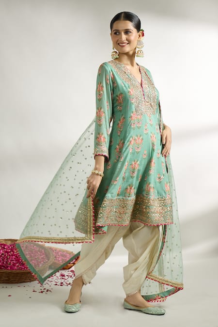 Buy_Gopi Vaid_Green , Silk, Satin, Net Flower Print Short Anarkali Dhoti Pant Set _Online_at_Aza_Fashions