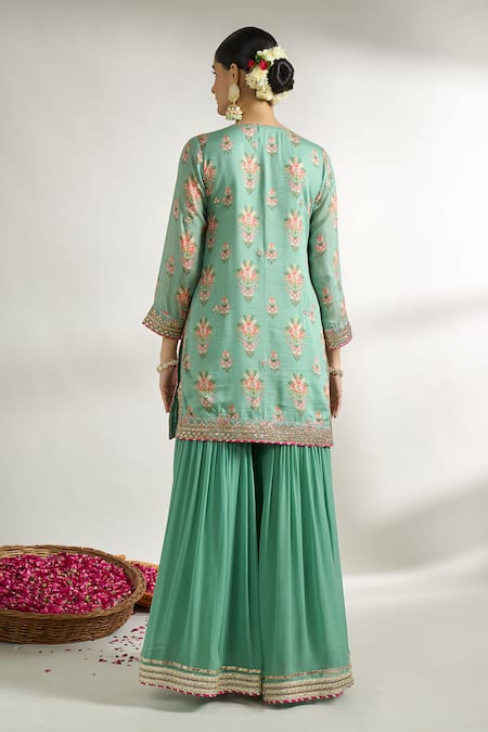 Shop_Gopi Vaid_Green Cotton, Silk, Net Sequins, Embroidery, Zari Floral Print Kurta Sharara Set _at_Aza_Fashions