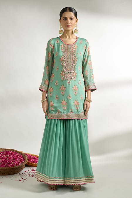 Gopi Vaid_Green Cotton, Silk, Net Sequins, Embroidery, Zari Floral Print Kurta Sharara Set _Online_at_Aza_Fashions