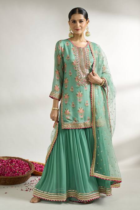 Buy_Gopi Vaid_Green Cotton, Silk, Net Sequins, Embroidery, Zari Floral Print Kurta Sharara Set _Online_at_Aza_Fashions