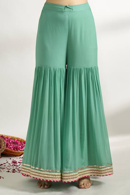 Shop_Gopi Vaid_Green Cotton, Silk, Net Sequins, Embroidery, Zari Floral Print Kurta Sharara Set _Online_at_Aza_Fashions
