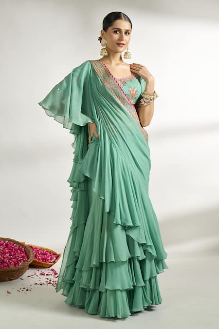 Gopi Vaid Frilled Pre-Draped Saree With Printed Blouse 