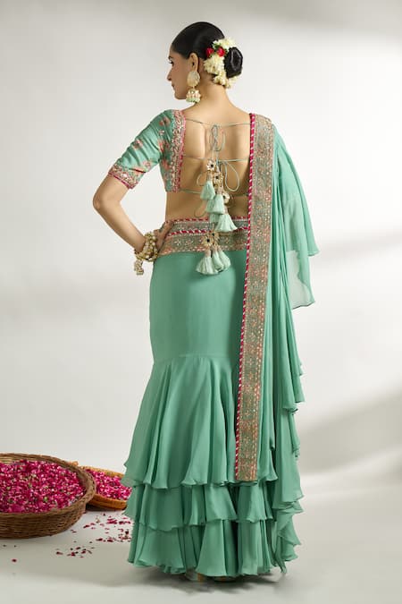 Gopi Vaid Frilled Pre-Draped Saree With Printed Blouse 