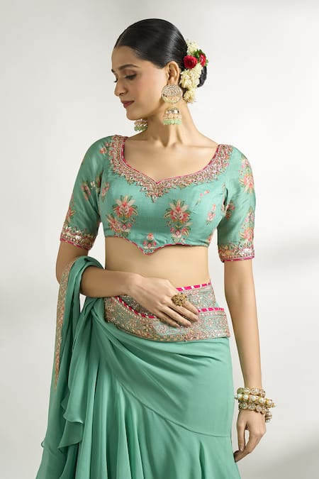 Gopi Vaid_Green Cotton Satin, Georgette, Frilled Pre-draped Saree With Printed Blouse _Online_at_Aza_Fashions