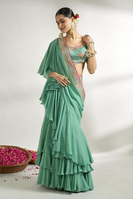 Buy_Gopi Vaid_Green Cotton Satin, Georgette, Frilled Pre-draped Saree With Printed Blouse _Online_at_Aza_Fashions