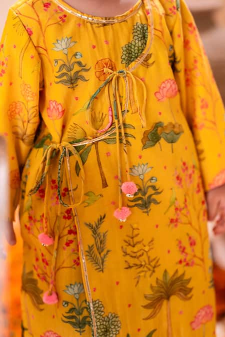 Rage Attire-Sweta Saria_Yellow Chanderi , Cotton, Lotus Pichwai Print Kurta With Dhoti Pant Set _Online_at_Aza_Fashions