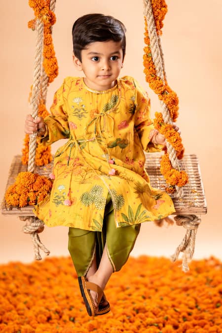 Buy_Rage Attire-Sweta Saria_Yellow Chanderi , Cotton, Lotus Pichwai Print Kurta With Dhoti Pant Set _Online_at_Aza_Fashions